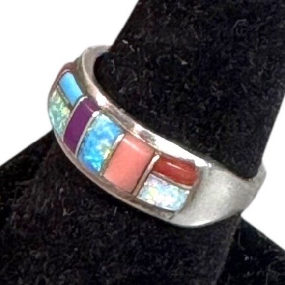 Vintage Navajo inlaid Opal Spiny Oyster Sterling Silver Inlay Band Ring Size 7.5 - Picture 1 of 6